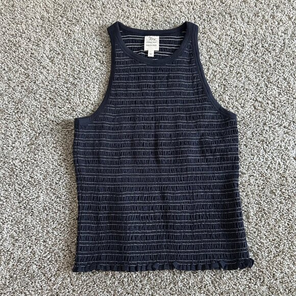 Cinq À Sept Large Fawn Smocked Tous Les Jours Navy Ruched Tank Top - Picture 3 of 12